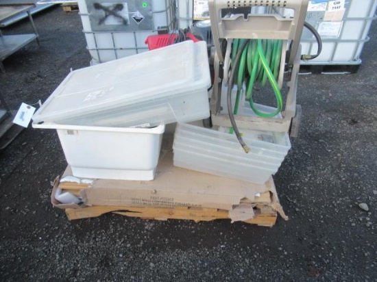SIMPSON 1700PSI ELECTRIC PRESSURE WASHER, WATER HOSE W/ REEL, & ASSORTED PLASTIC TOTES & WOOD PANELS