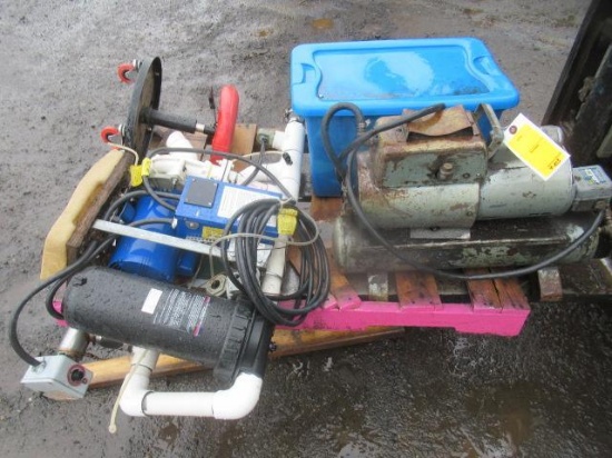 SHOP STOOL, AIR COMPRESSOR, JACUZZI PUMP W/ FILTER, & ASSORTED SAFETY HARNESSES