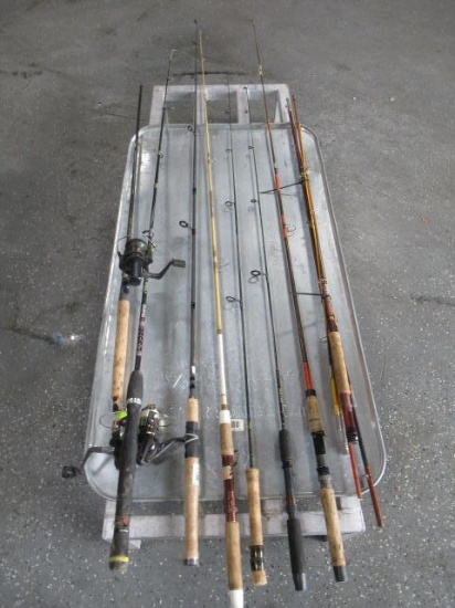 (7) ASSORTED RHINO, LAMIGLAS, SHAKESHERE, BERKLEY, STRIKER & QUANTUM FISHING POLES & (3) REELS