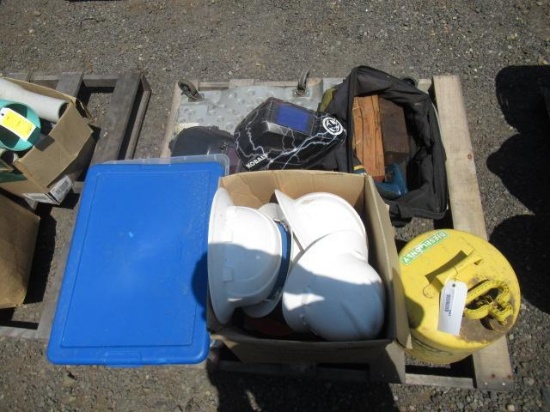 DIESEL FUEL CAN, DRILL MASTER CIRCULAR BUFFER, & ASSORTED WELDING MASKS, HARD HATS, & STORAGE BAGS
