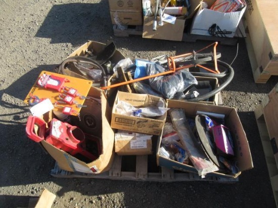 LOCKOUT/TAG OUT STATION, MEASURING WHEEL, FUEL HOSE W/ NOZZLE, & ASSORTED HARDWARE, TOOLS, SHOP