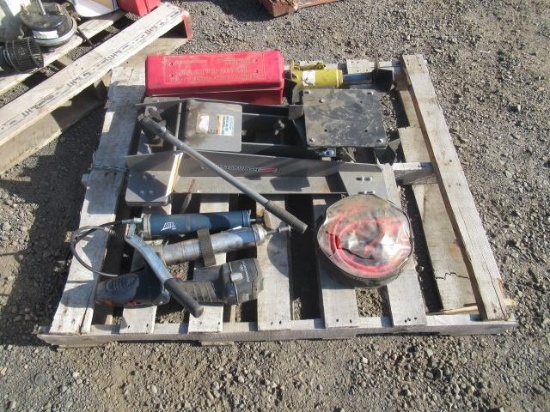 PITTSBURGH 800LB TRANSMISSION JACK, POWER & HAND GREASE GUNS, JUMPER CABLES, 8000LB HYDRAULIC JACK,