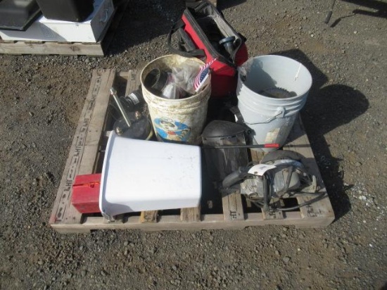 EMERGENCY TRIANGLE KIT, & ASSORTED POWER TOOLS, CIRCULAR SAW BLADES, GRINDING HEADS, & HARDWARE