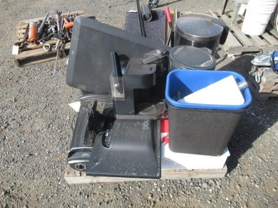 SPACE HEATER, MOP BUCKET, COFFEE MAKER, & ASSORTED TRASH CANS, FIRST AID KITS, & OFFICE SUPPLIES