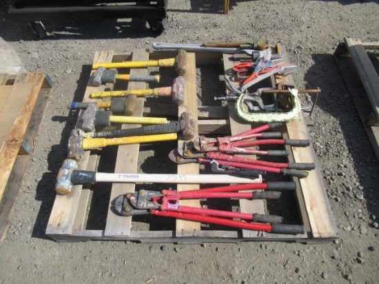 ASSORTED SLEDGEHAMMERS, BOLT CUTTERS, PIPE WRENCHES, & CLAMPS