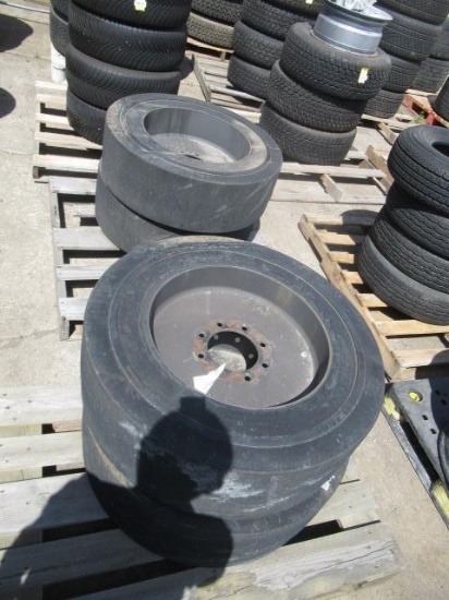(4) MITLH 33 X 6 X 10 SOLID RUBBER FORKLIFT TIRES ON 8 LUG WHEELS