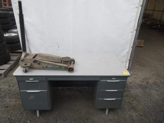 5-DRAWER STEEL DESK W/ LAMINATED TOP & (3) SLIDEOUTS, & 3 TON FLOOR JACK