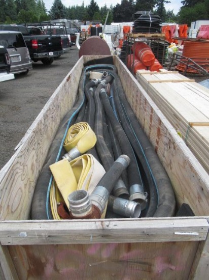 22' X 46'' X 36'' WOOD CRATE W/ 4'' RUBBER WATER SUCTION HOSE W/ CHICAGO FITTINGS & ASSORTED