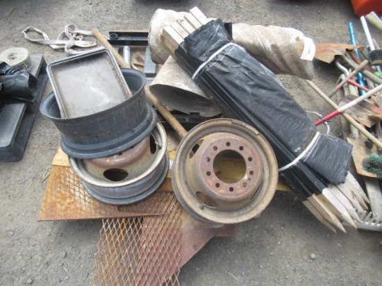 (3) WHEELS, & ASSORTED METAL & WOOD STAKES