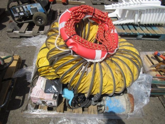 WATER HOSE, SPRINKLER, & ASSORTED SUBMERSIBLE PUMPS, WATER TRANSFER PUMPS, & PORTABLE AIR DUCTING