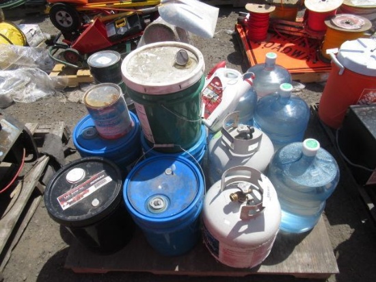 (2) PROPANE TANKS, (4) WATER JUGS, & (7) 5GAL BUCKETS