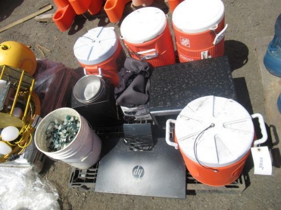 MICROWAVE, (4) WATER COOLERS, & ASSORTED STRING LIGHTS & SEAT COVERS