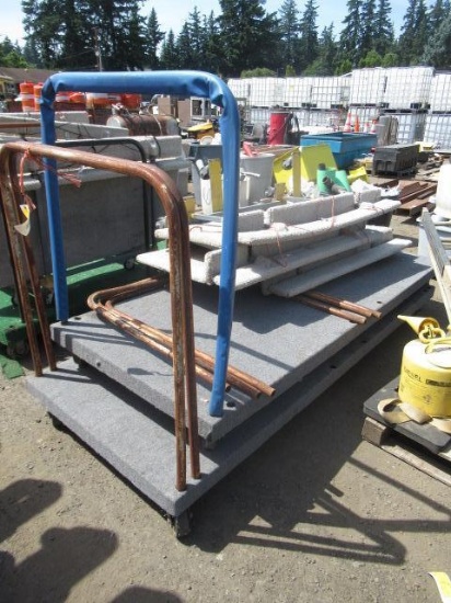 (2) 43'' X 105'' CARPET COVERED STEEL PLATFORM CARTS & (3) FOLDING CARPET COVERED MOVING CARTS