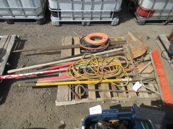 ASSORTED SHOVELS, T HANDLES, & FISH TAPE