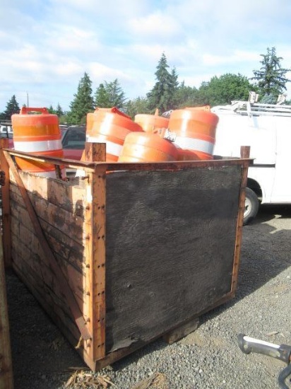 WOOD CRATE W/ ASSORTED TRAFFIC CONES
