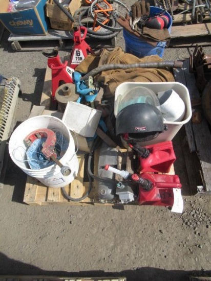 (2) 6 TON JACK STANDS, (2) GAS CANS, & ASSORTED WELDING LEATHERS & TOOLS