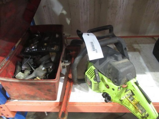 POULAN GAS CHAINSAW, THE RIDGE 24'' PIPE WRENCH, & ASSORTED FITTINGS & HARDWARE