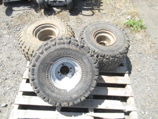3-WHEELER H-TRAK 25X12.00-9 TIRE & (2) TRAIL PRO 22X11.00-8 ATV TIRES ON WHEELS