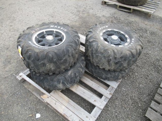 (2) BIGHORN MAXXIS A/T 26X12R12 ATV DRIVE TIRES ON 4 LUG WHEELS, & (2) BIGHORN MAXXIS A/T 25X8R12