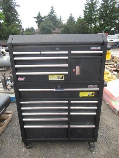 KIRKLAND SIGNATURE 2-TIER 15-DRAWER ROLLING TOOL CHEST W/ ASSORTED HAND TOOLS, DRILL BITS, SOCKETS,