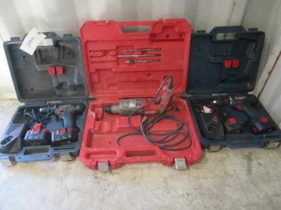(2) Bosch Cordless Drill Drivers W/ (2) Batteries Each & (1) Charger Each & Milwaukee Corded Hammer