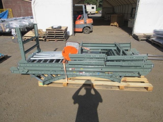 HYTROL 36'' WIDE ROLLER TABLE UNIT- (3) 10' STRAIGHT TABLES & (1) 10' CURVED TABLE W/ STANDS &