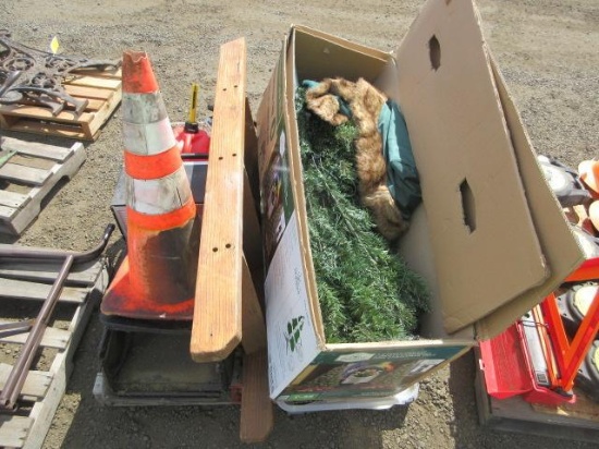 4' WOOD LADDER, ASSORTED TOOLS, GAS CAN, TRAILER HITCH & JUMPER CABLES, & ARTIFICICAL CHRISRMAS T...