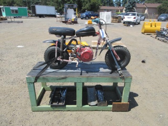 CUSTOM SHOP MADE MOTORCYCLE, SINGLE CYL GAS, WOOD TABLE & ASSORTED HAND TOOLS