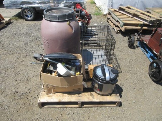 30 GAL WATER BARREL, ANIMAL CRATE, INSTANT POT, ASSORTED TOOLS