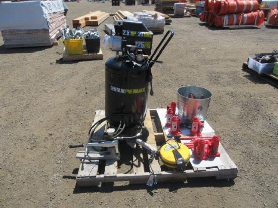 CENTRAL PNEUMATIC VERTICAL AIR COMPRESSOR, (6) 4-TON BOTTLE JACKS, & ASSORTED NUT & SCREWDRIVERS