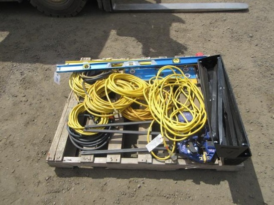 (3) CLAMPS, SAW HORSES, LEVELS, & ASSORTED GAS HOSES