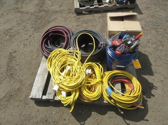 ASSORTED HAND TOOLS, TAPE MEASURES, ROOFING NAILS, EXTENSION CORDS, & WATER HOSES