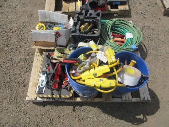 ASSORTED OXYACETYLENE LINES, (2) SAW HORSES, LIFING STRAPS, FALL PROTECTION, & LEVELS
