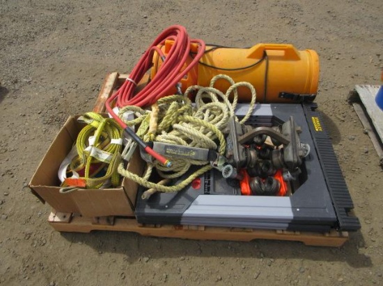 AIR BLOWER & DUCTING, (2) SAW HORSES, LIFTING STRAPS, DRAIN STOPS, AIR HOSE, & (3) TROLLYS