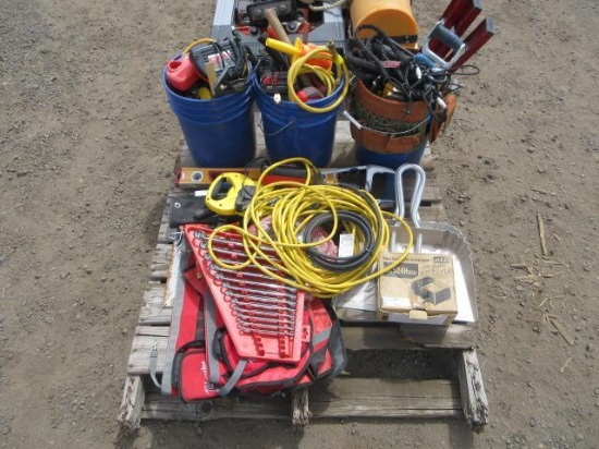 ASSORTED HAND TOOLS, TOOL BAGS, EXTENSION CORDS, DUSTPANS, & WRENCH SET