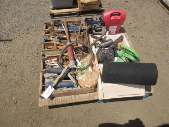 ASSORTED HAND TOOLS, GREASE GUNS, HAND TRANSFER PUMP, & FLOOR JACK