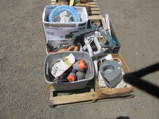 ASSORTED POWER TOOLS, ELECTRICAL BOXES, TAPES, FASTENERS, SPRINGS, & HOSE