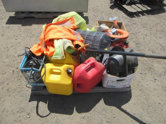 (3) HI VIS COATS, (3) GAS CANS, AIR COMPRESSOR, CHICKEN WIRE, & HOSE CLAMPS