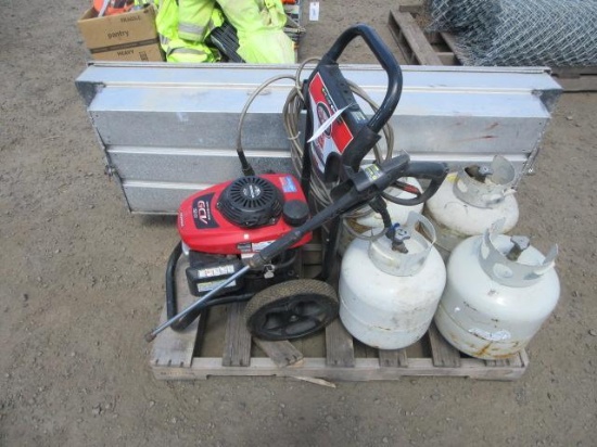 (4) Propane Tanks, Simpson 3000 Psi Pressure Washer, & 70'' Truck Box *No Key*