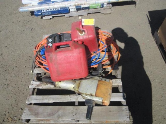 JACK HAMMER, AIR COMPRESSOR, ASSORTED AIR HOSES, & (2) GAS CANS