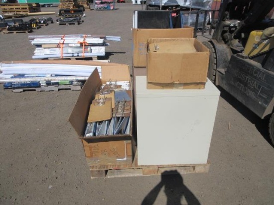 (3) 2-DRAWER FILING CABINETS & (2) BOXES OF BINDERS & CLIPBOARDS