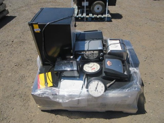 ASSORTED TOASTERS, MICROWAVES, MINI FRIDGE, & CLOCKS