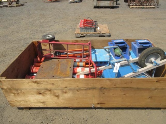 SPIDER BOXES, CONES, WHEELBARROW, & (2) HAND TRUCKS