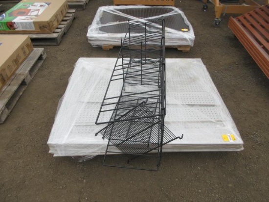 APPROX (20) 47'' X 45'' X 1/4'' PEG BOARDS W/ METAL RACK