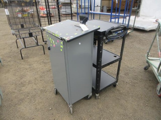 24'' X 18'' X 42'' CART W/ POWER STRIP & 26'' X 16'' X 44'' DESK ON CASTERS