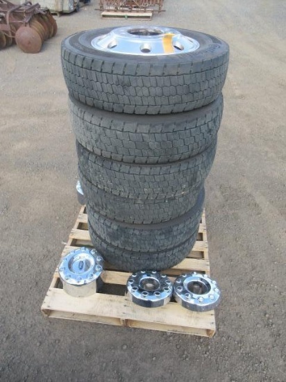 (6) CONTINENTAL HDR5 225/70R19.5 ON 10-LUG WHEELS W/ FORD HUB CAPS