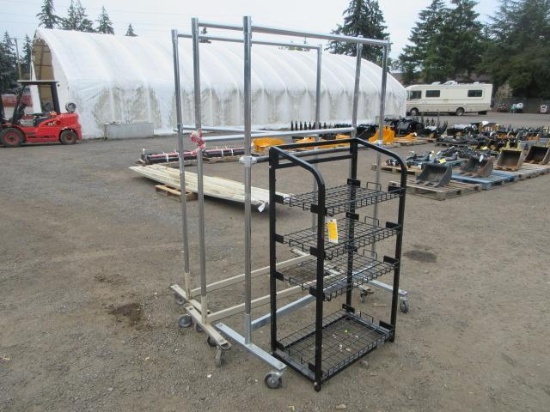(3) 50'' WIDE ADJUSTABLE METAL RACKS ON CASTERS & 29'' X 16'' X 41'' 4-TIER METAL RACK