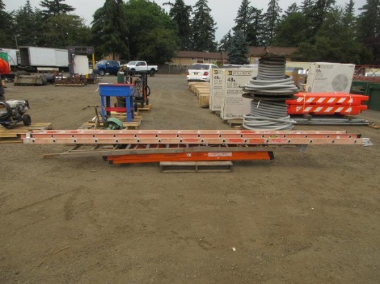 32' WERNER FIBERGLASS EXTENSION LADDER, WERNER A-FRAME FIBERGLASS LADDER, & 10' WOODEN A-FRAME