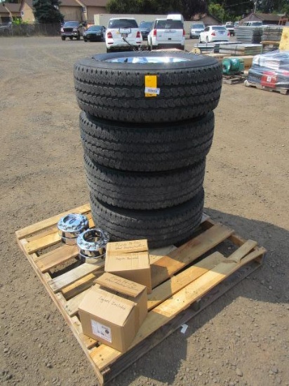 (4) FIRESTONE TRANSFORCE AT LT275/70R18 TIRES ON FORD 1-TON 8-LUG WHEELS W/ ADAPTERS & SPACERS &