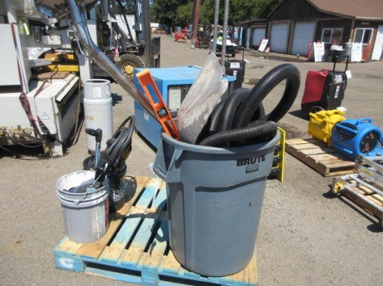ASSORTED ADHESIVE, SHOVELS, VACUUM HOSE & ASSORTED HAND TOOLS
